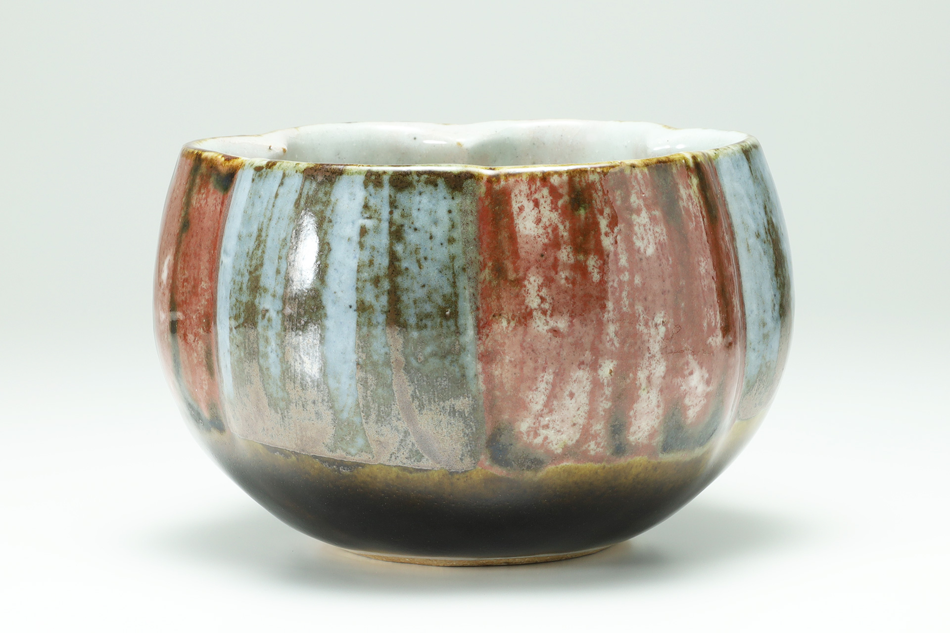 Copper Red and Cobalt Blue Melon shaped Bowl（Kanjiro Kawai）-1