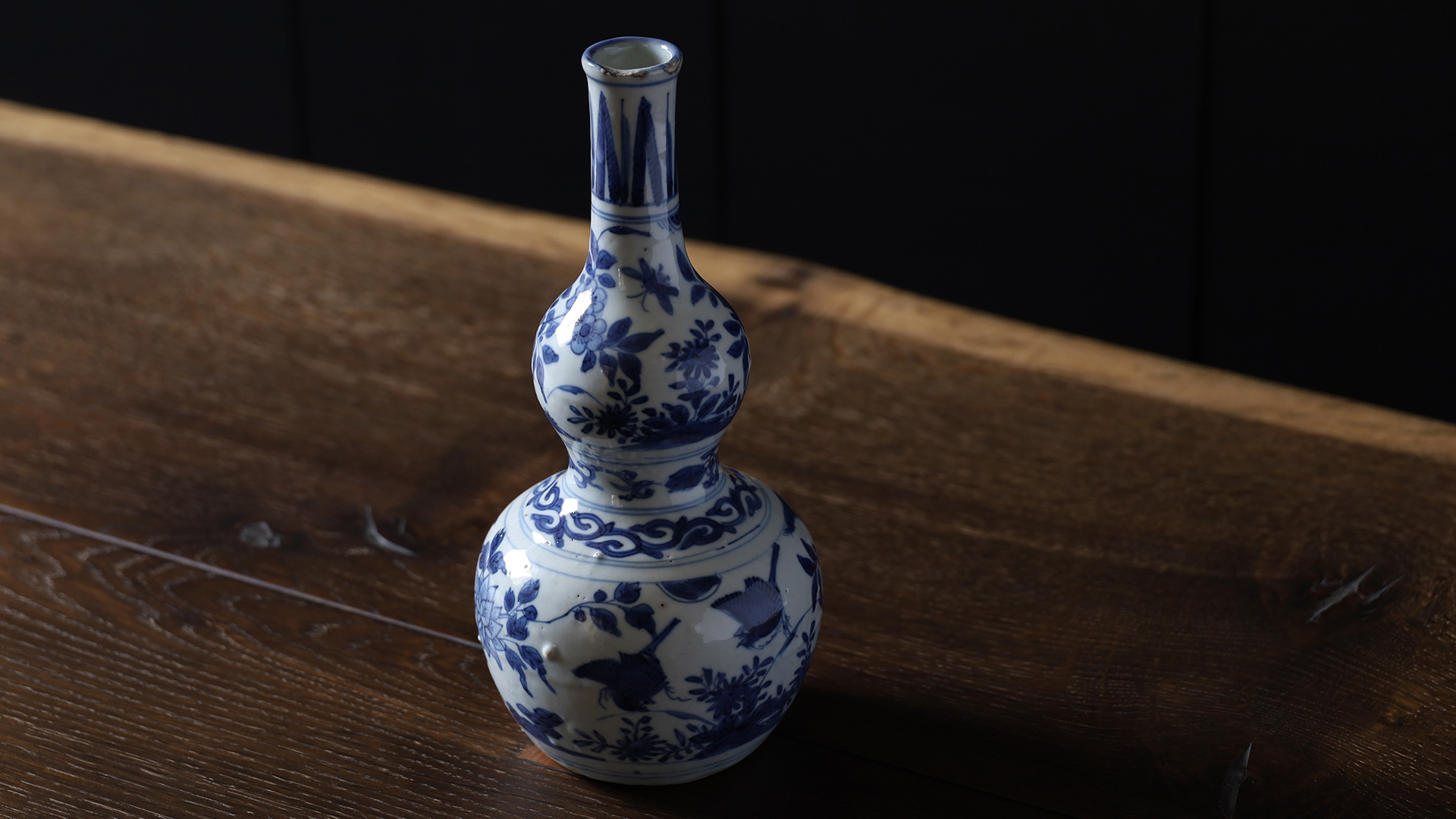古染付花鳥文瓢形徳利（明時代）-y1