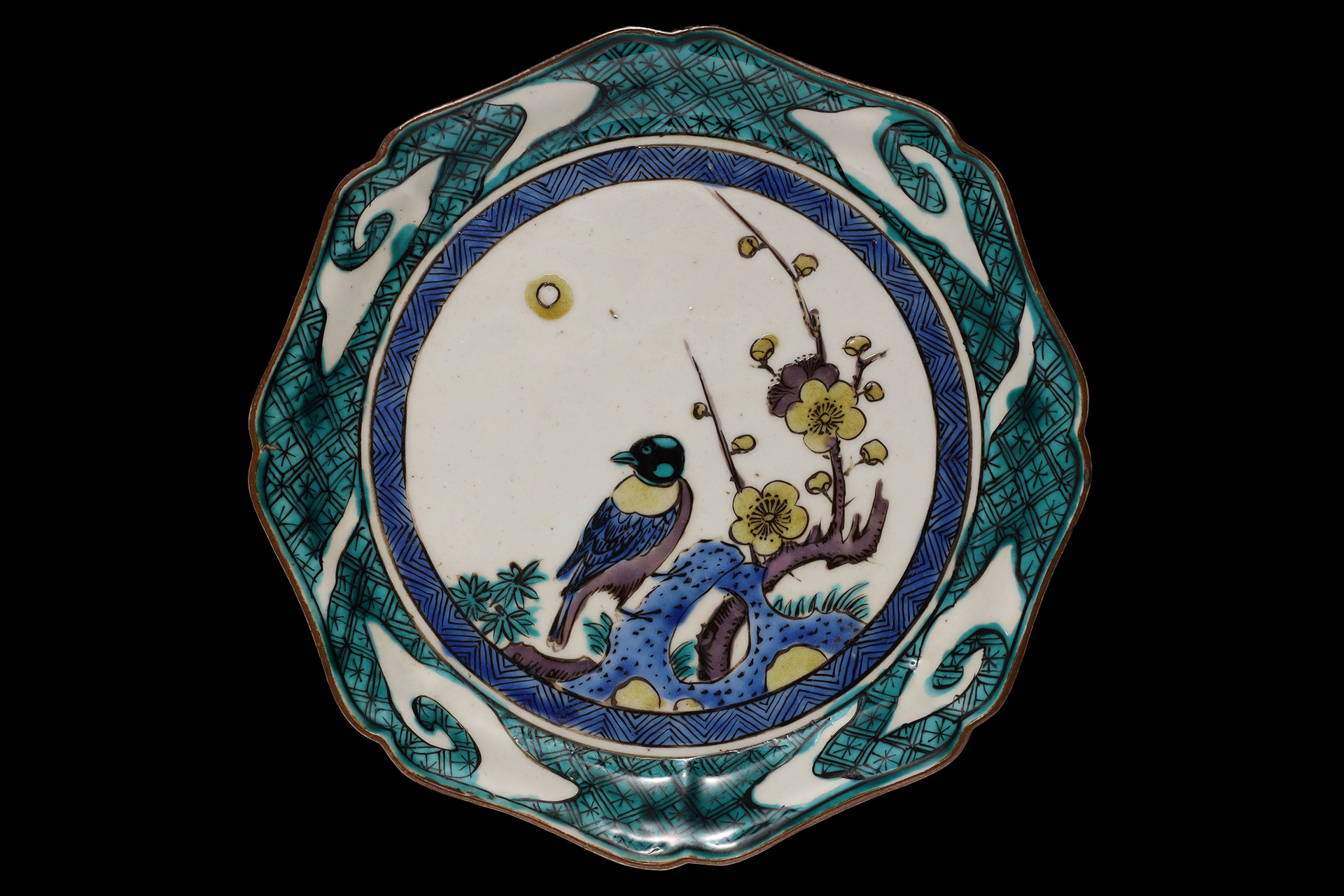 古九谷色絵梅鶯文八角皿（江戸時代）-1