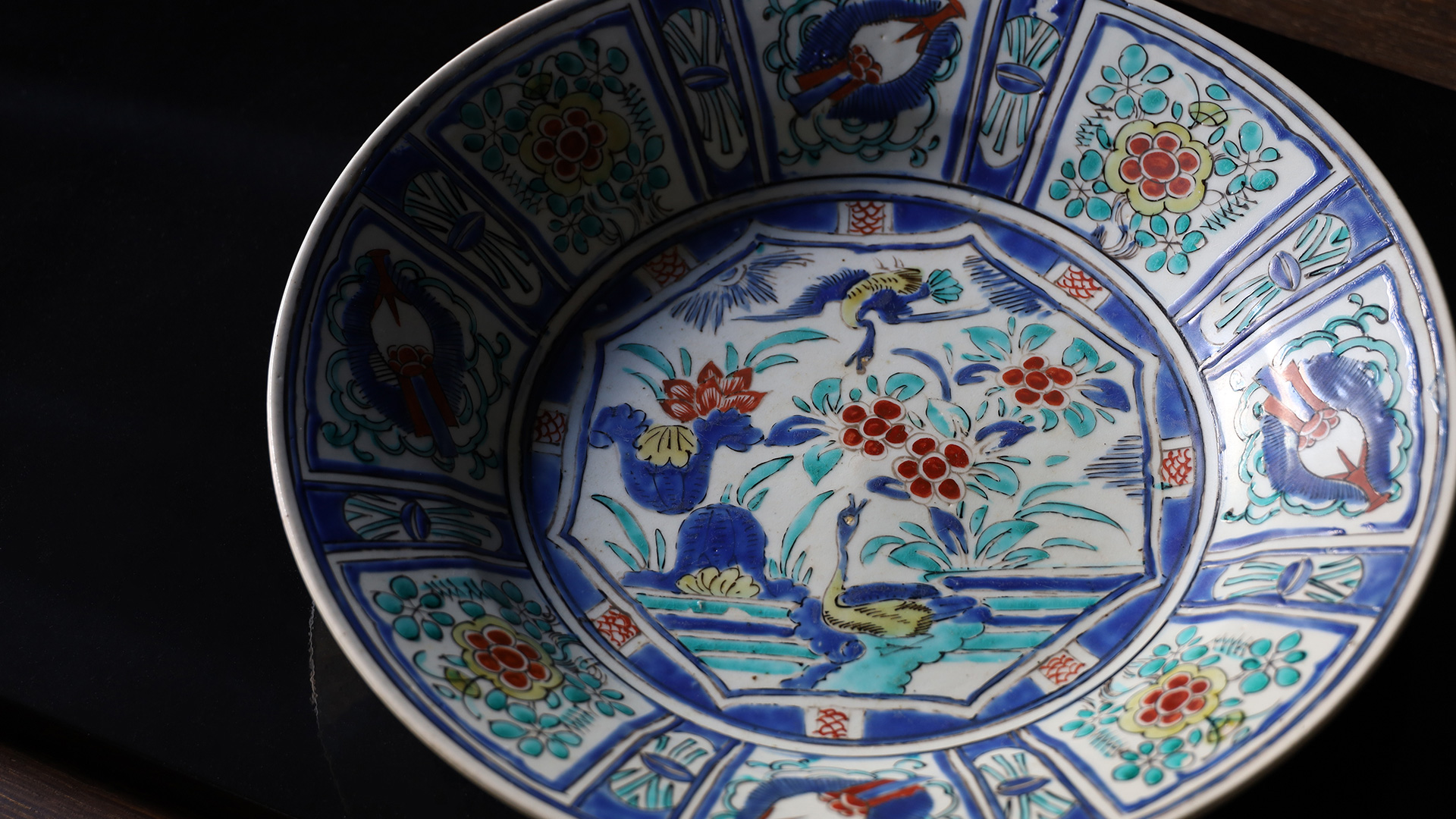 初期色絵芙蓉手花鳥文大皿（江戸時代）-y1