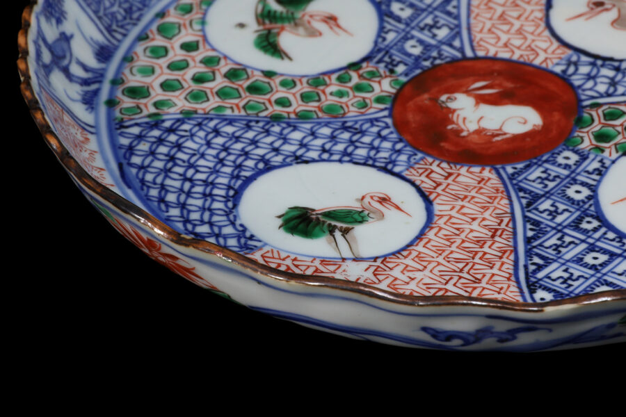 祥瑞色絵兎鳥文輪花皿（明時代）-6