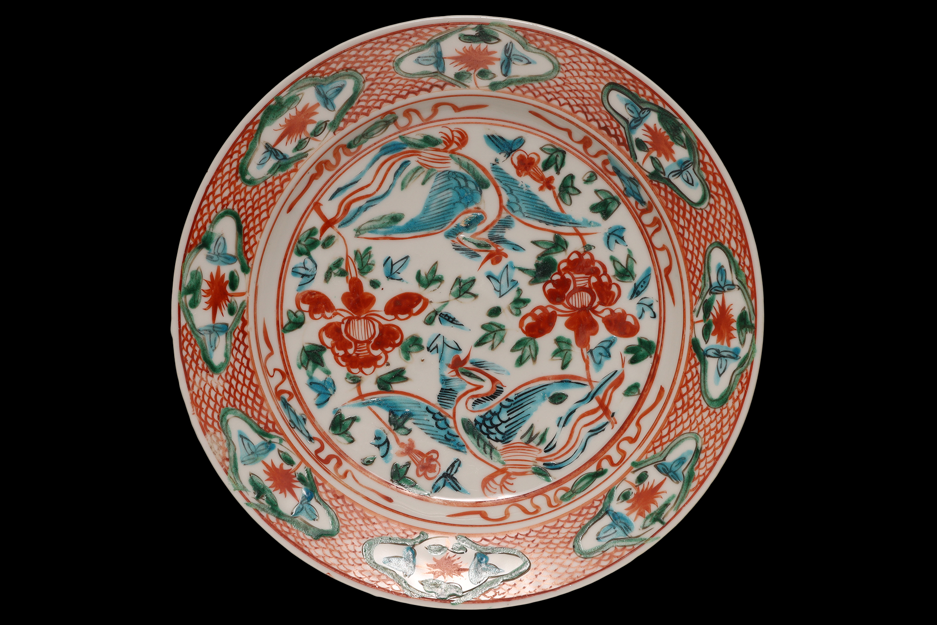 呉須赤絵牡丹鳳凰文平鉢（明時代）-1