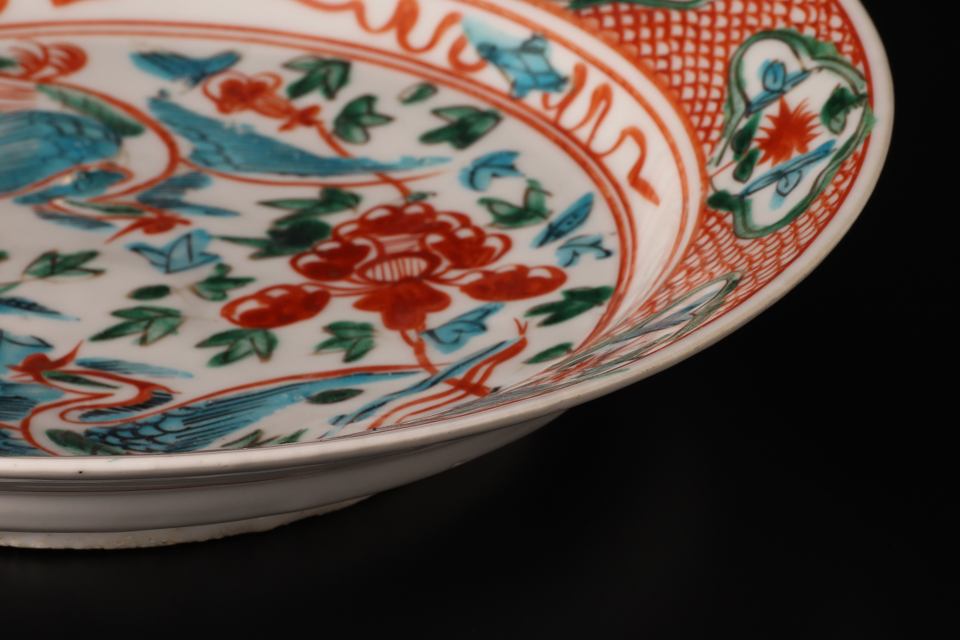 呉須赤絵牡丹鳳凰文平鉢（明時代）-5