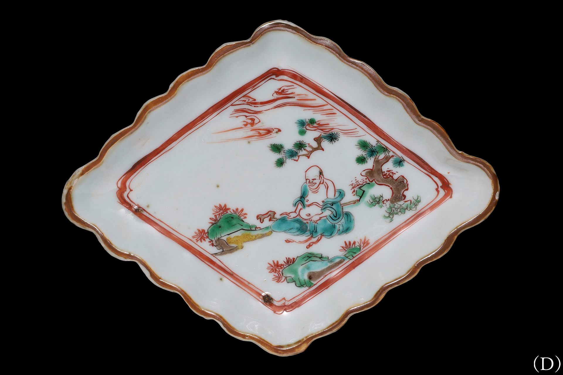 骨董品　南京赤絵中皿 5枚揃 南京赤絵布袋文菱形皿（五客揃 / 明 - 清時代） - 天平堂（TENPYODO）